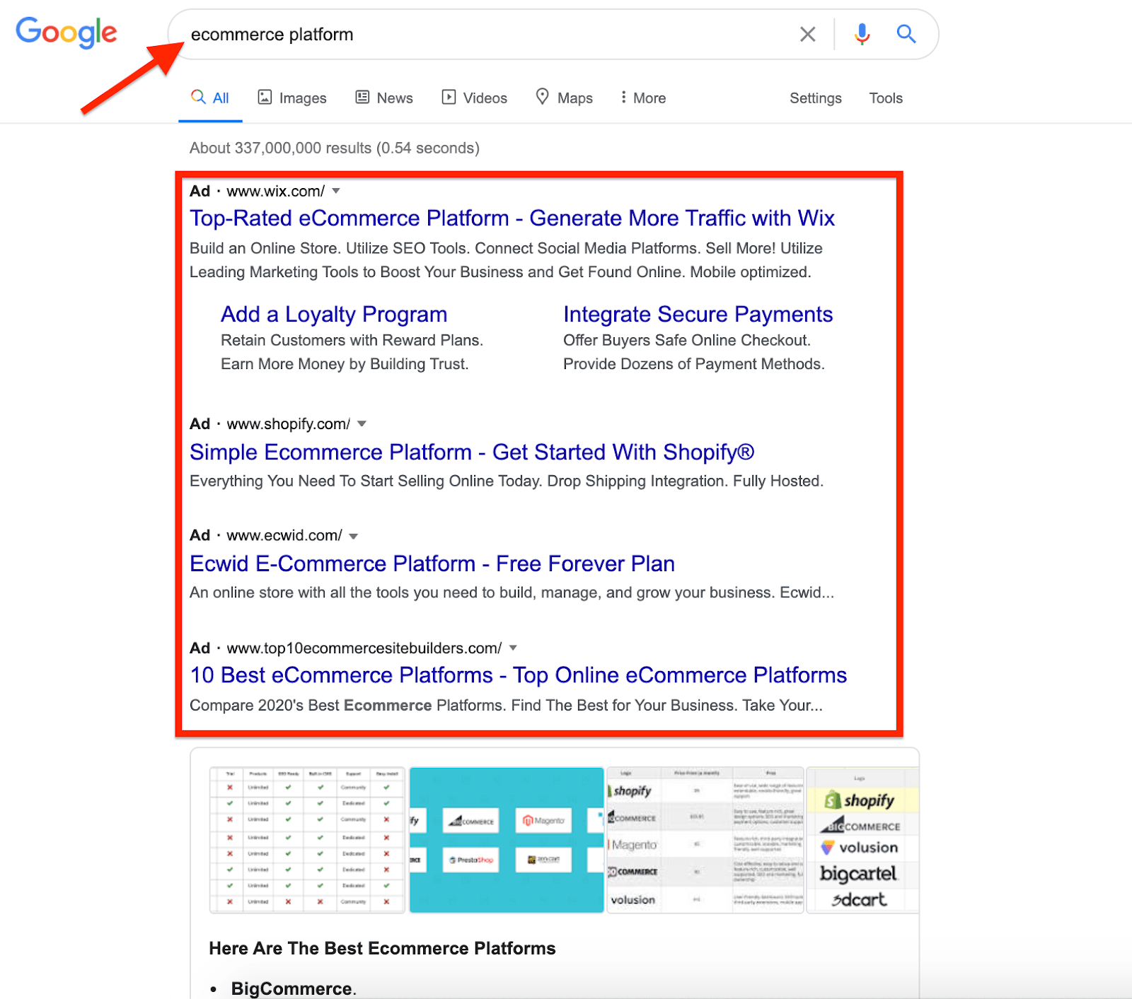 Screenshot of Google search results for the term 'eCommerce platform', featuring BigCommerce as the top result